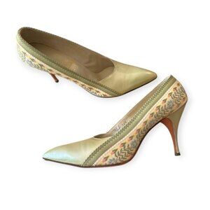 Vintage I. Miller Pumps 7.5B –Green Pearlized Leather & Floral Tapestry, 1950s